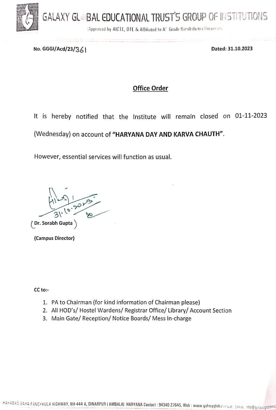 Institute will remain closed on 01 November, 2023 in the account of Haryana Day and Karva Chauth